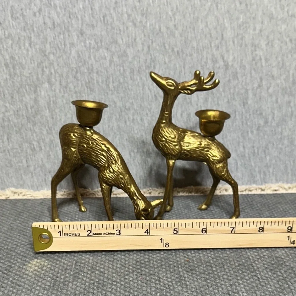 Vintage Brass Deer Candle Holder Set Mid Century Buck and Doe Reindeer Decor